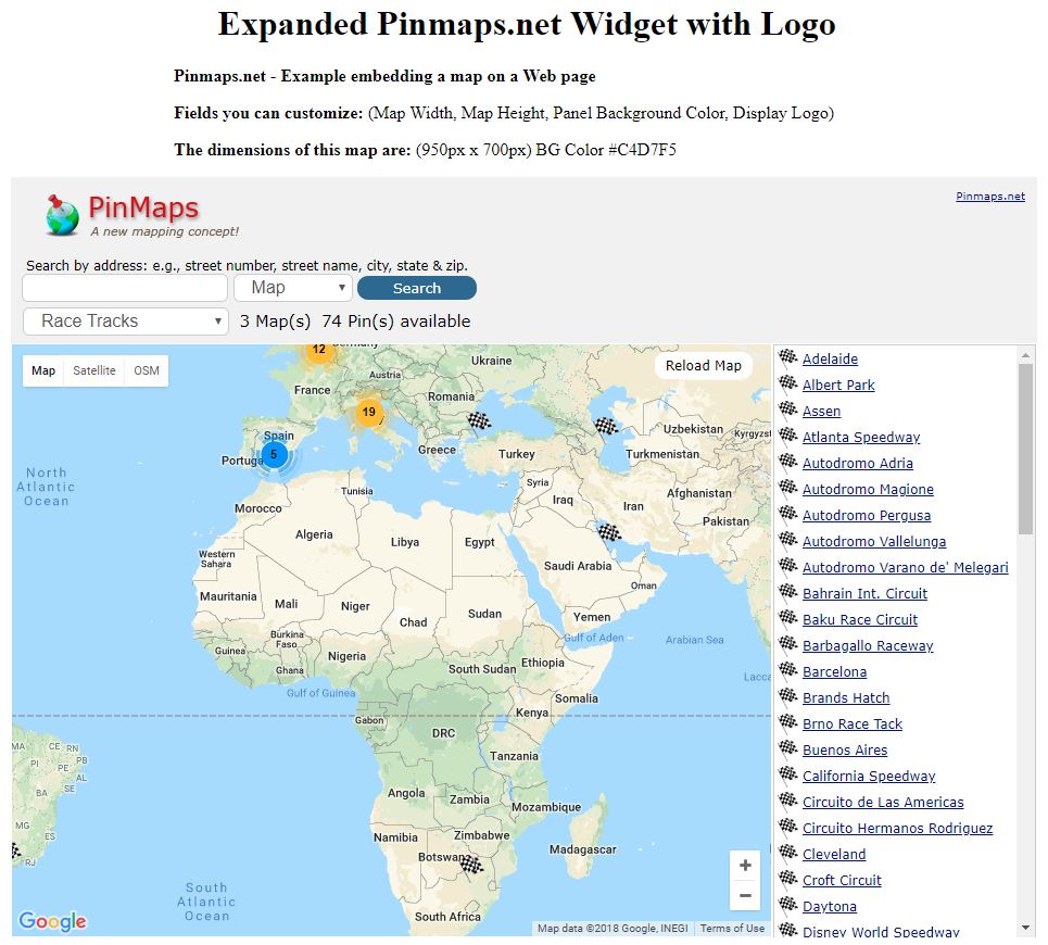 Pinmaps.net Expanded Widget with Logo Example